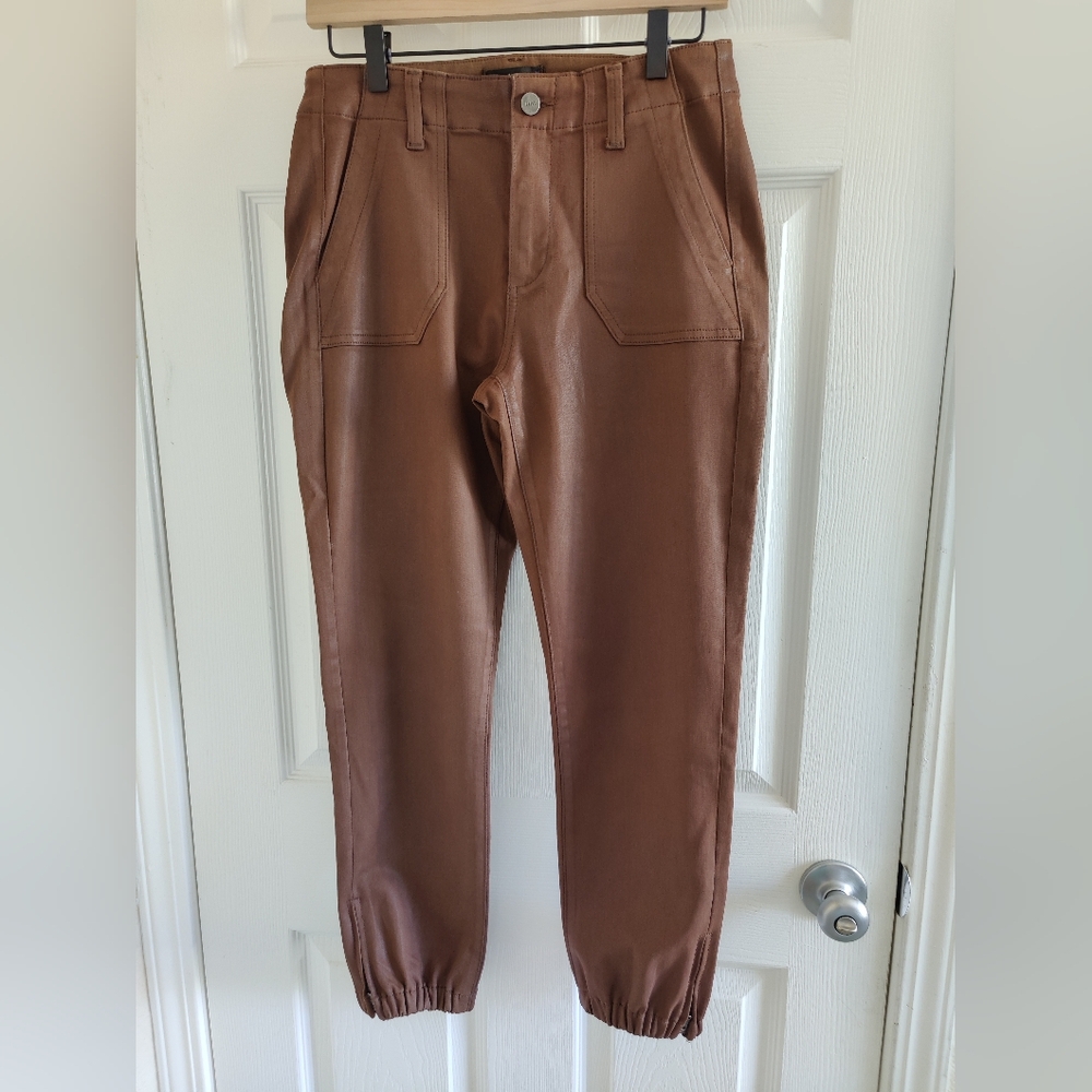 PAIGE Natalie Mid-Rise Coated Joggers, Cognac, size 28
